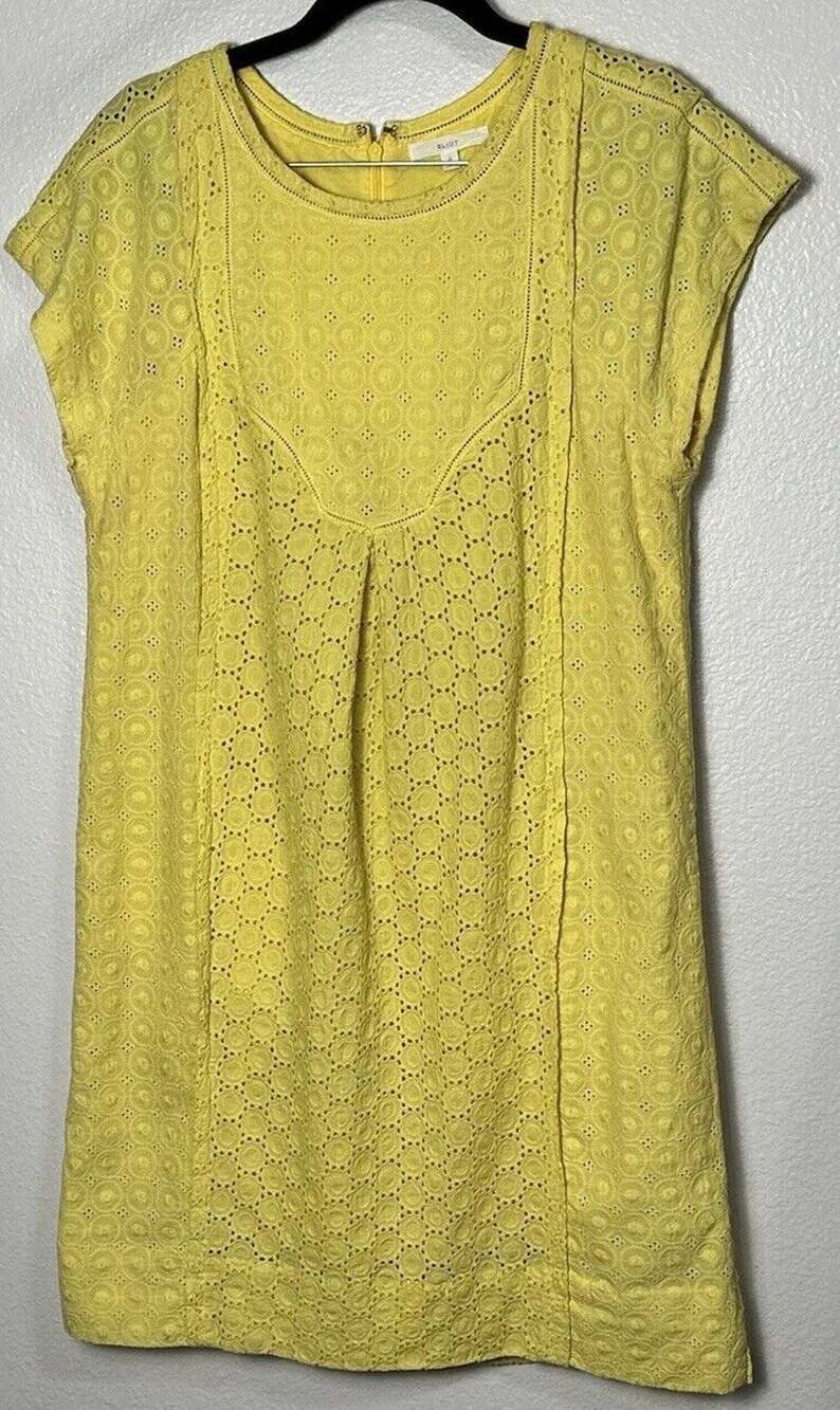 Eliot Women’s Pastel Yellow Embroidered Eyelet Mini Dress Pockets Zipper Size 6